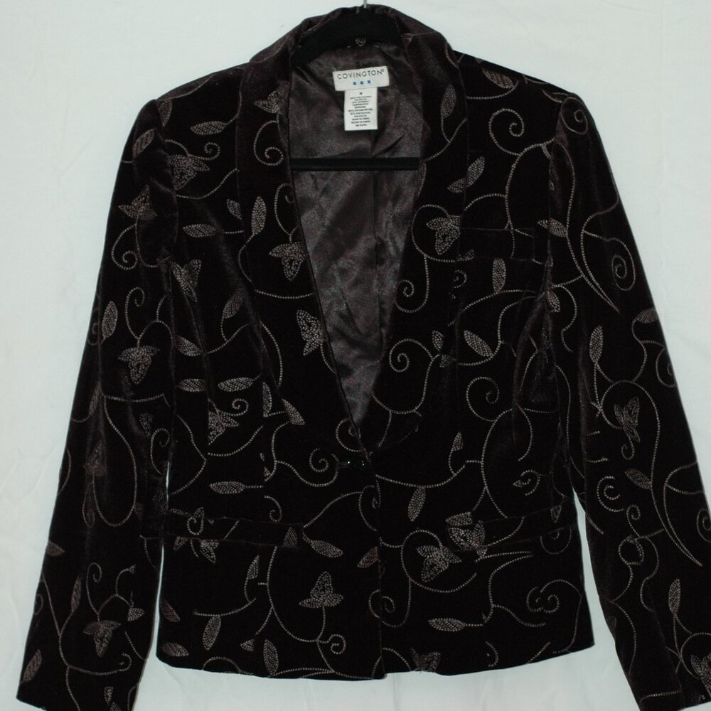 Covington Black Velvet Blazer Women’s Size 10 – Embroidered Floral Suit Jacket